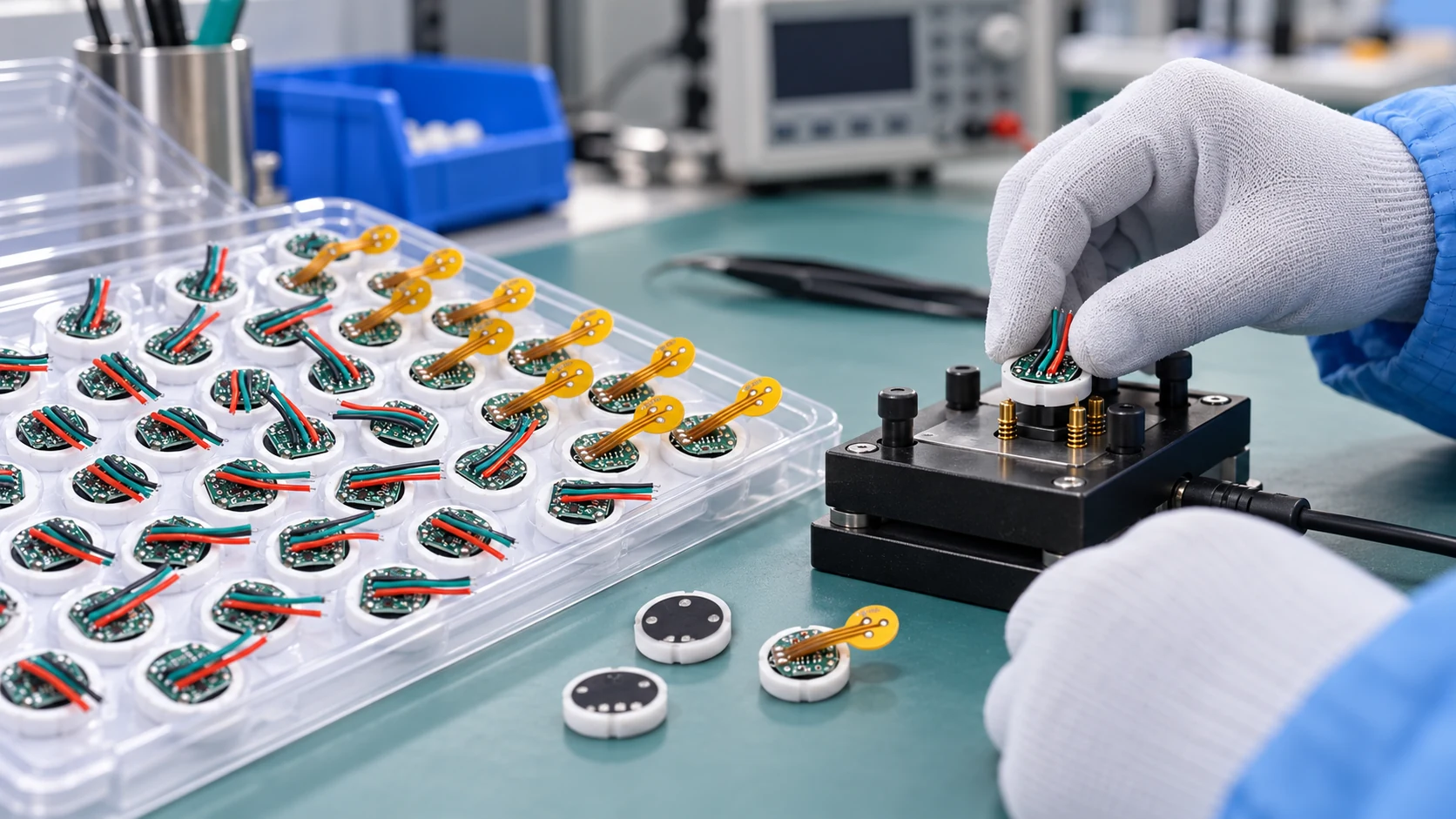 Illustration of ceramic pressure sensor components at an inspection workstation