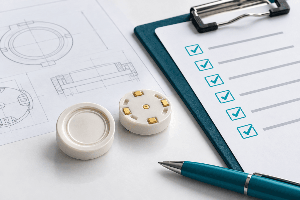 Ceramic pressure sensing elements beside an inquiry checklist and technical drawings