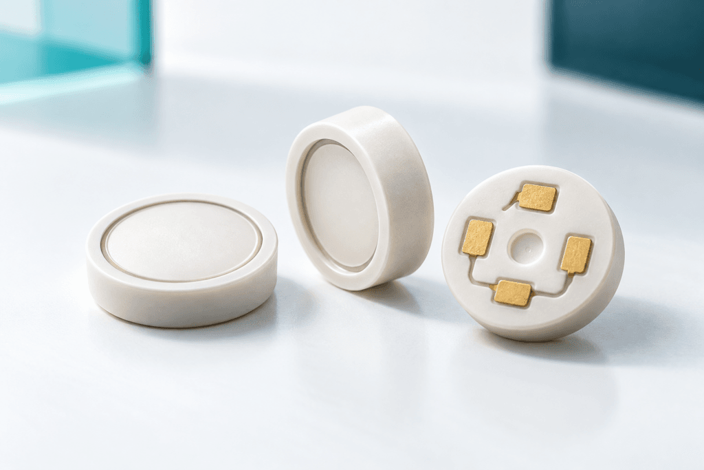 Ceramic pressure sensing elements with diaphragms and electrical contacts