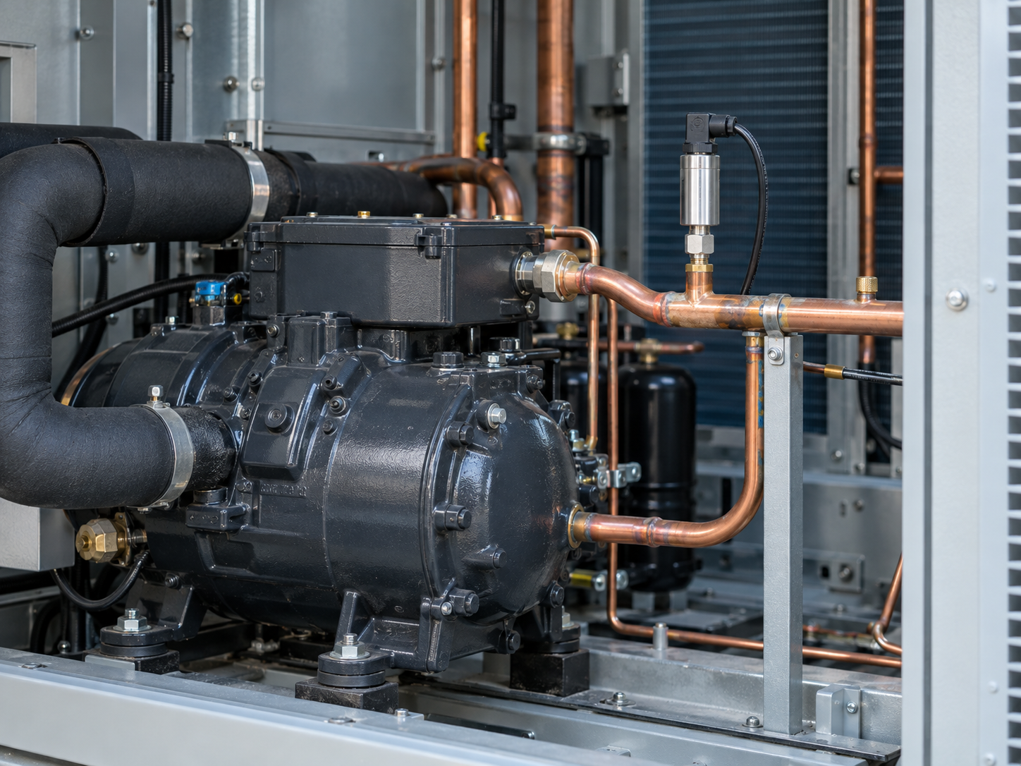Refrigeration compressor with a pressure transmitter mounted on copper piping