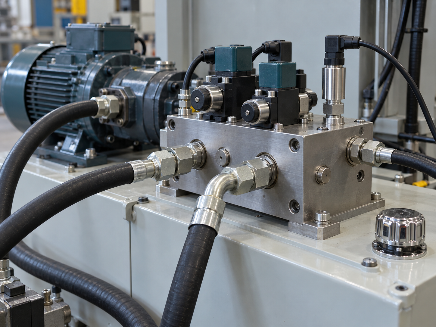 Hydraulic power unit with a pressure transmitter and connected hydraulic hoses