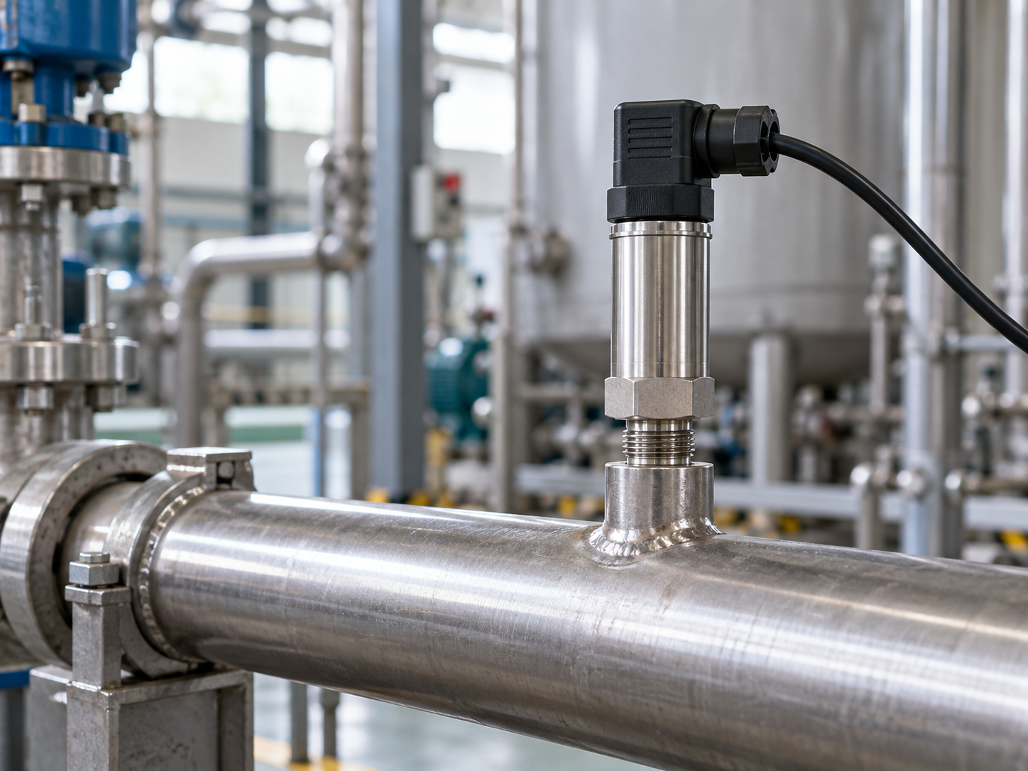 Industrial pressure transmitter mounted on stainless steel process piping