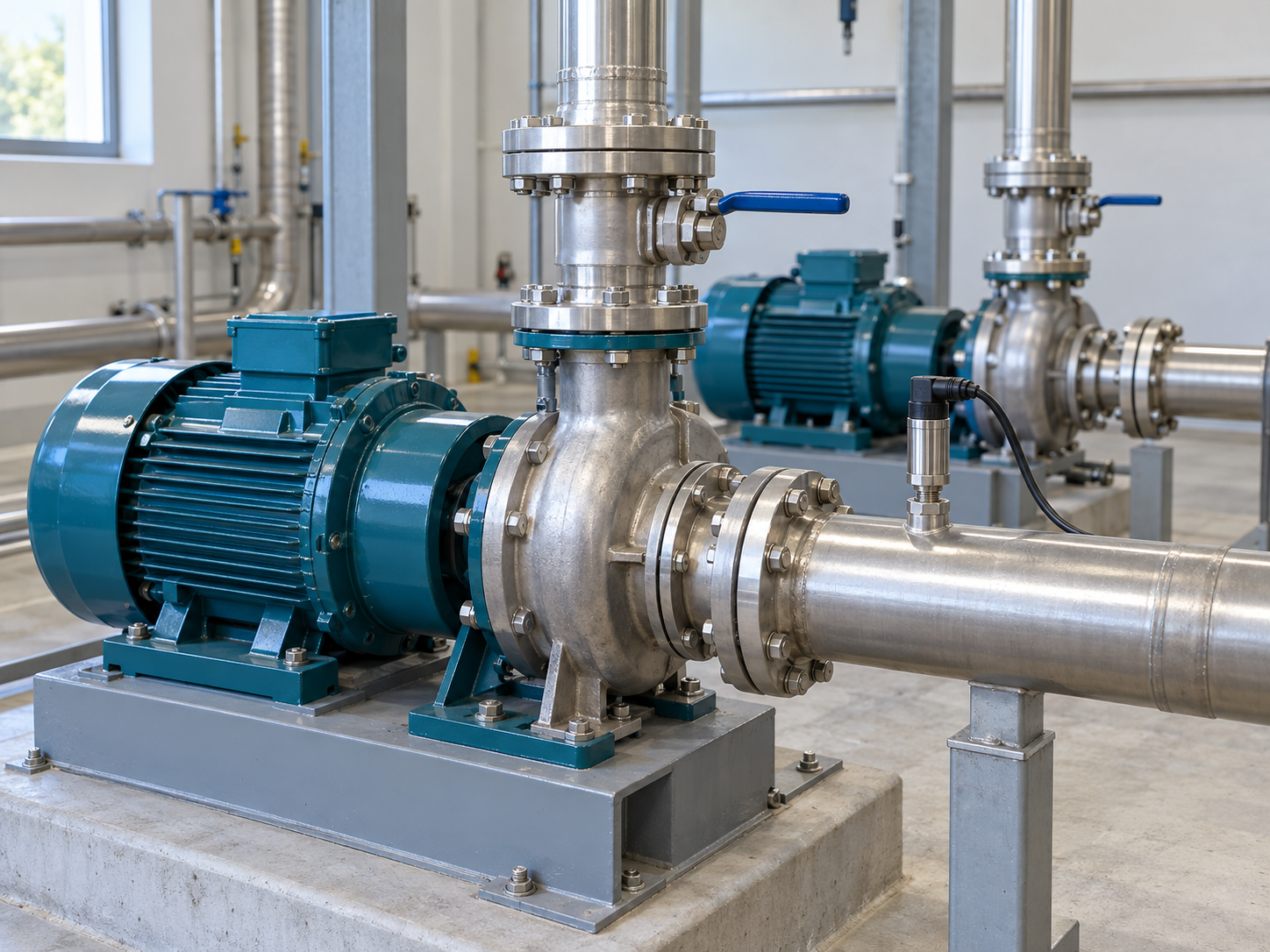 Industrial water pump system with a pressure transmitter on stainless steel piping